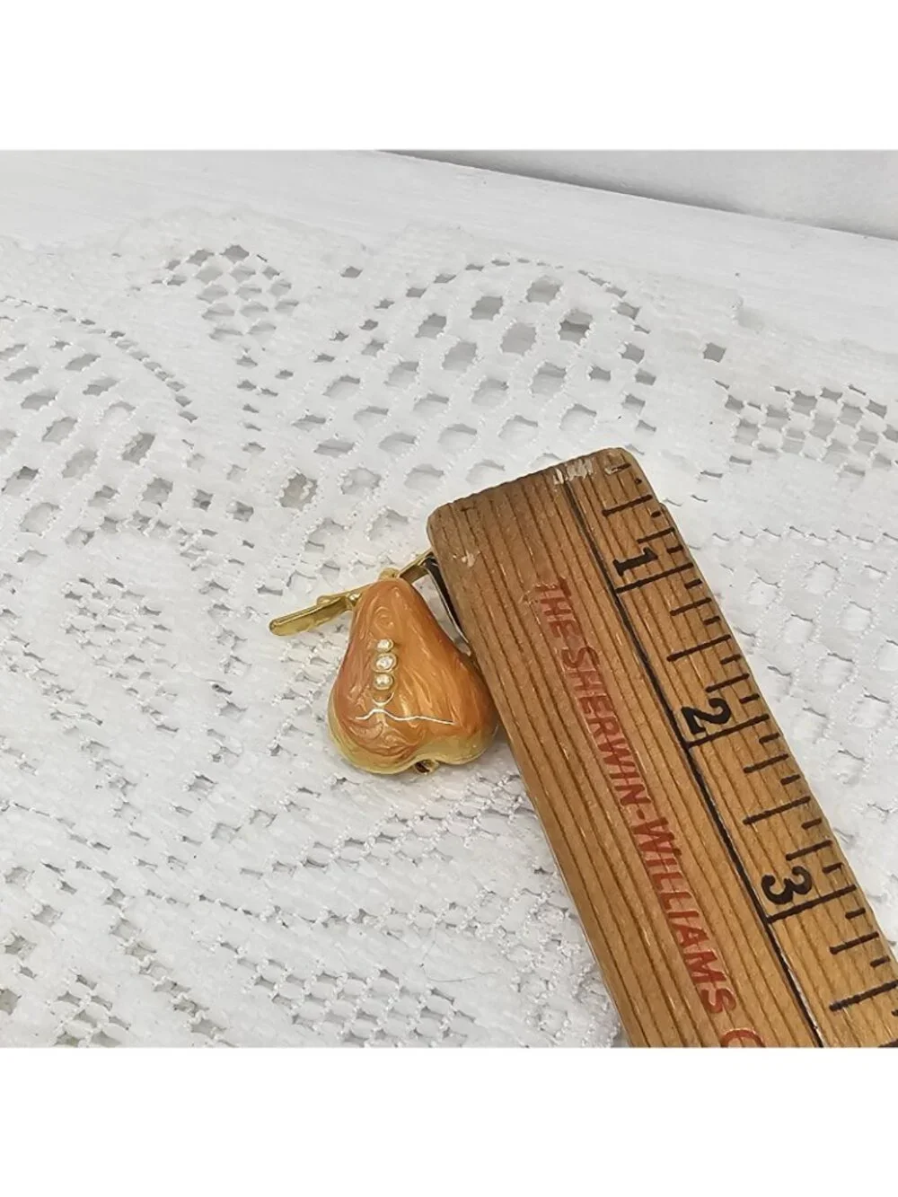 Vintage Gold-Toned Enameled Pear w Three Rhinestones & Green Leaves Brooch Pin